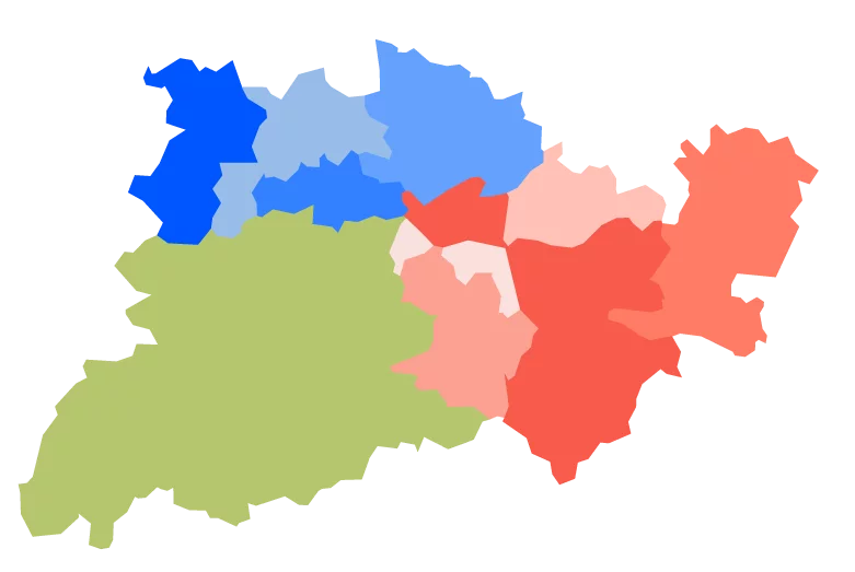 Carte des régions des territoires de la région d'Agen. Chaque zone étant d'une couleur différente