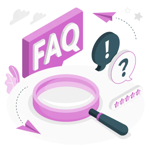 logo FAQ ,une loupe rose et des bulles de texte dont une porte la mention FAQ