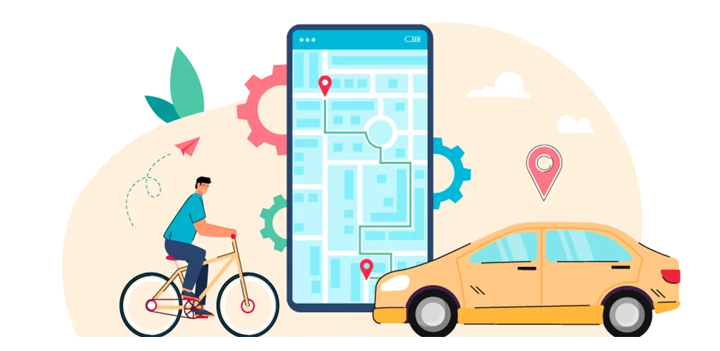 Un plan est affiché sur un téléphone portable et l'on voit de chaque côté un vélo et une voiture.