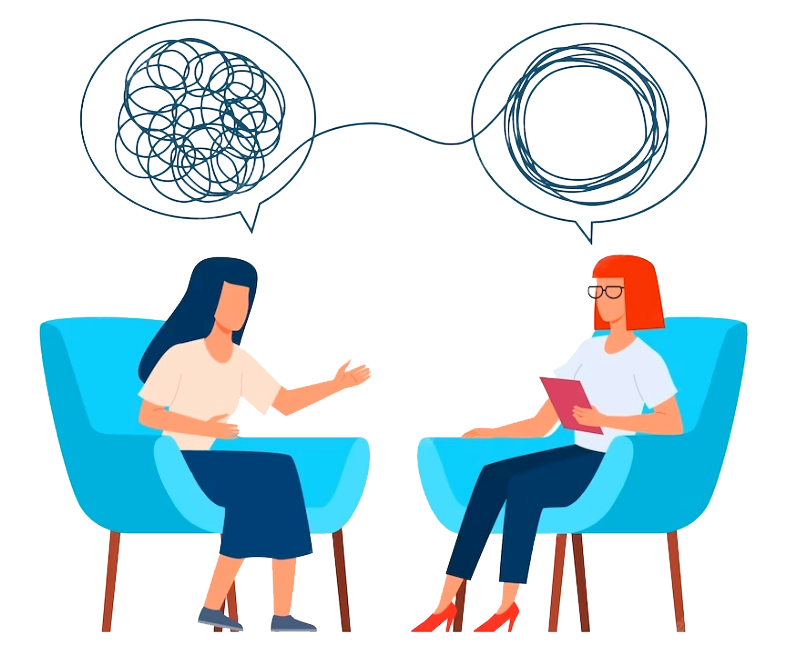 Dessin de 2 femmes discutant assises sur des fauteuil bleu.